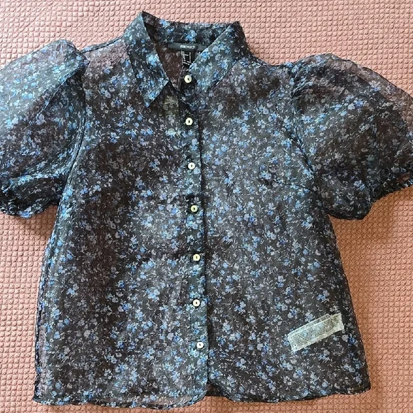 Forever 21 Floral Sheer Puff Sleeve Womens Blouse - Picture 9 of 9